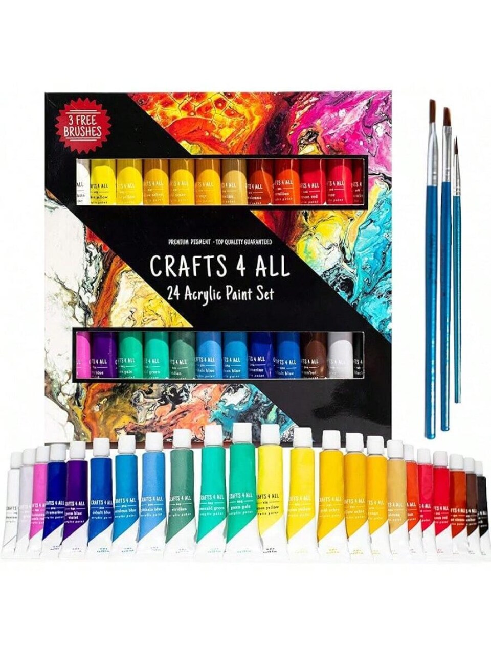 Acrylic Paint Set for Adults, 12-Pack of 12mL Paints with 3 Art Brushes